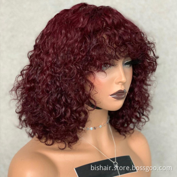 Wholesale 99J Short Bob Machine Made Human Hair Wigs 150% Density Wigs For Black Women Curly Brazilian Remy Hair Wigs With Bang